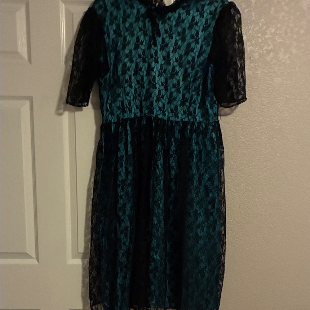 Sophisticated Black and Blue Lace Formal Dress
